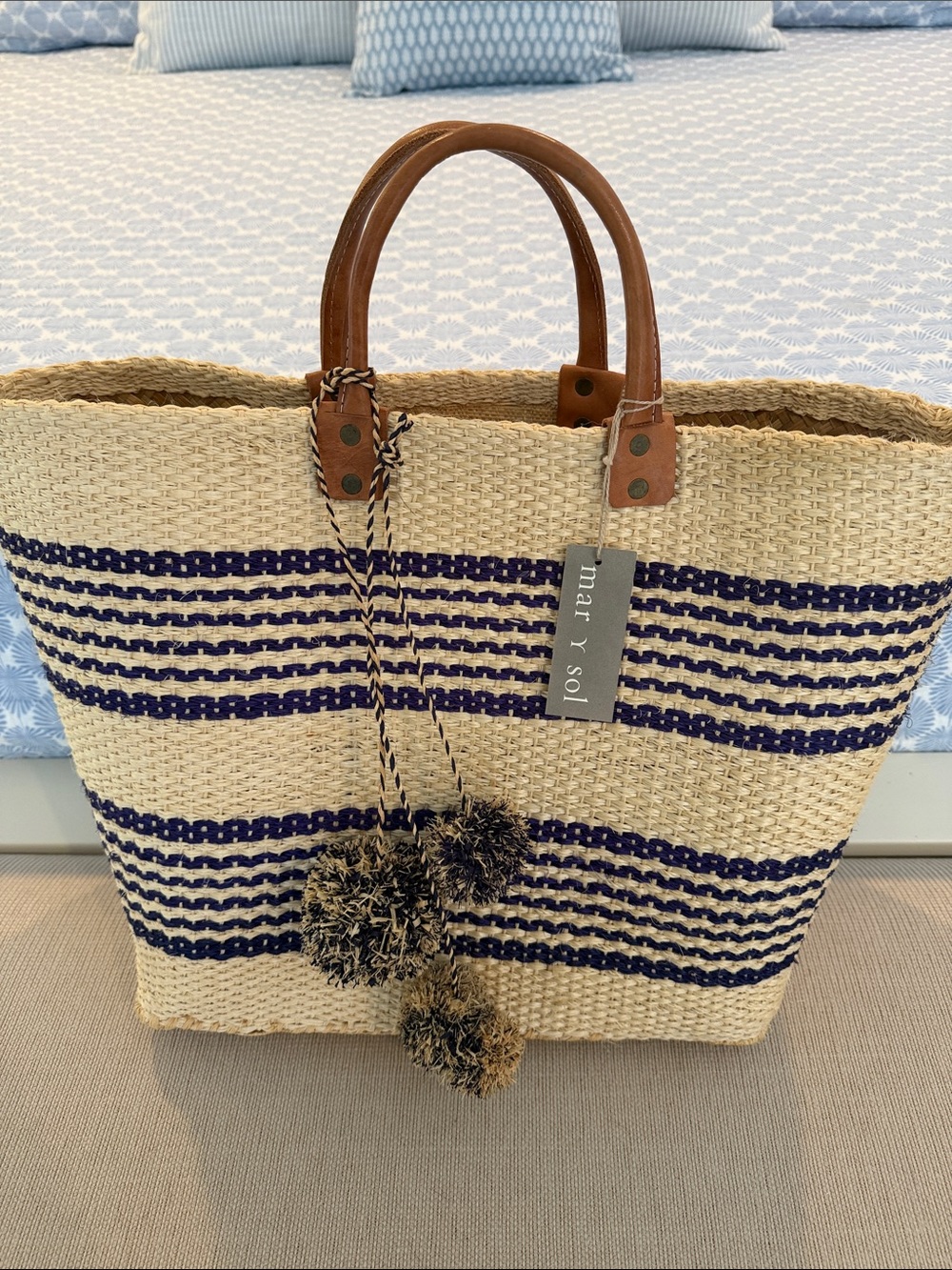 Mar Y Sol Navy Striped Straw Tote with Leather Handles